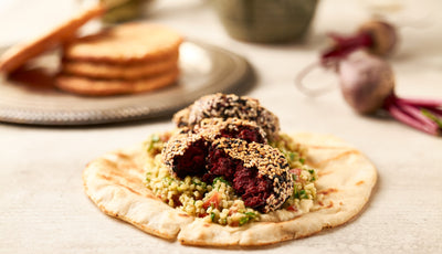 Beetroot falafel with tabouli and tahini dressing