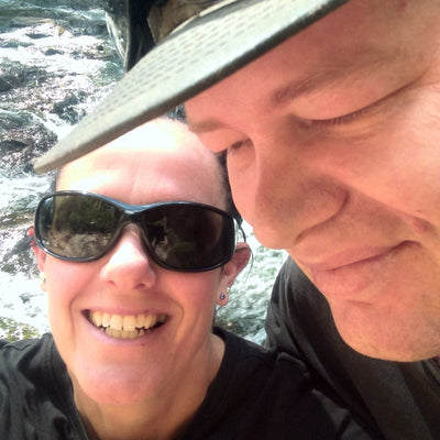 Two people wearing sunglasses with a natural background